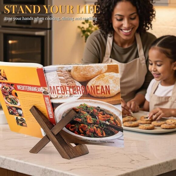 NEW Wooden Cookbook Holder, Rustic Cook Book Holder Stand - Rustic Brown - Picture 4 of 9